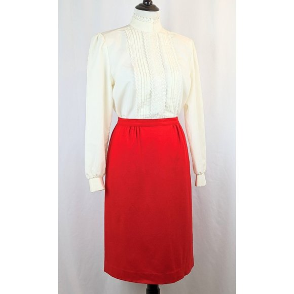 Women's Red Virgin Wool Straight Skirt Sz 10 Pendleton 1980s Office Midi Skirt - Picture 5 of 10